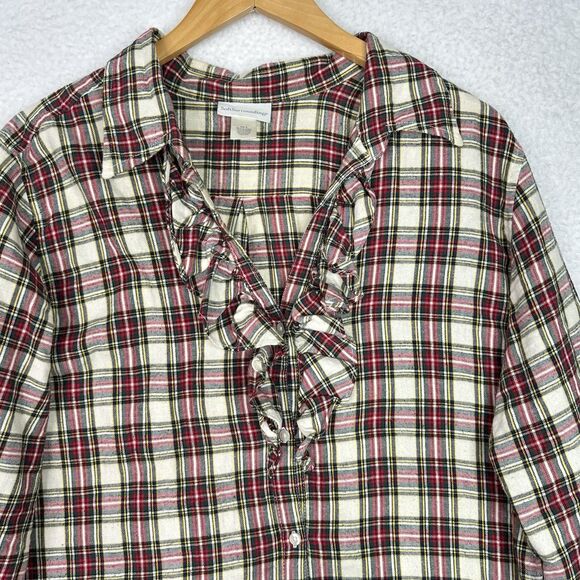 Soft Surroundings Plaid Ruffle Tunic Top Large 100% Cotton Button Front - Picture 2 of 13